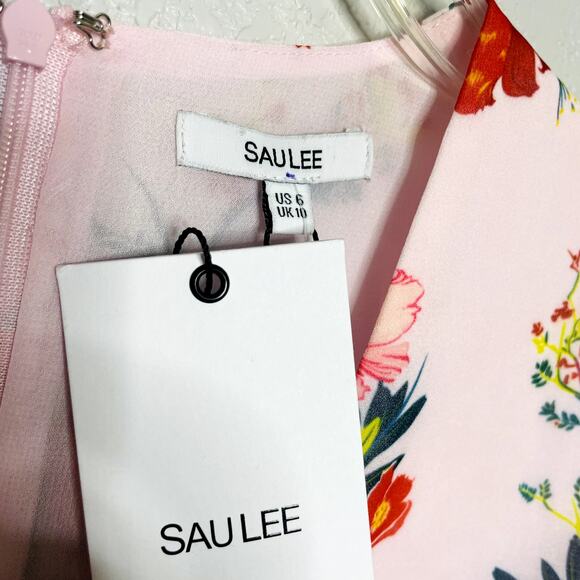 NWT Sau Lee Ciara Pink Floral Ruffle Midi Dress Size 6 Wedding Guest - Picture 16 of 16